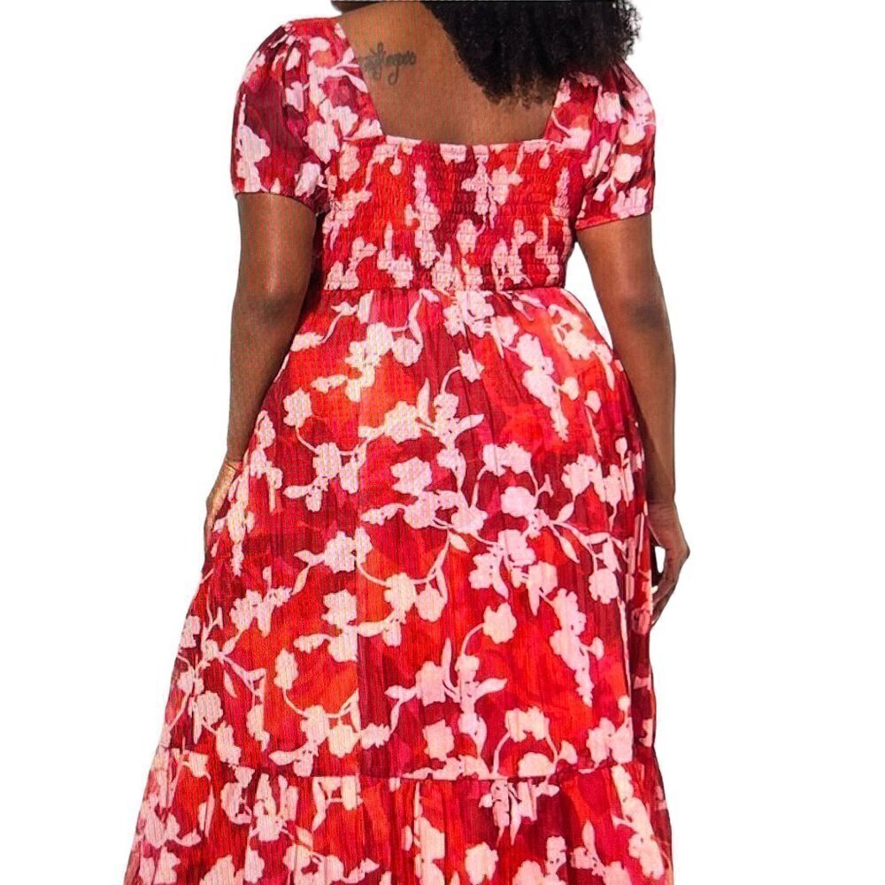 Torrid Midi Cotton Clip Dot Lace Up Short Sleeve Smocked Red Dress, 2, 2X, 18/20 - Picture 2 of 9